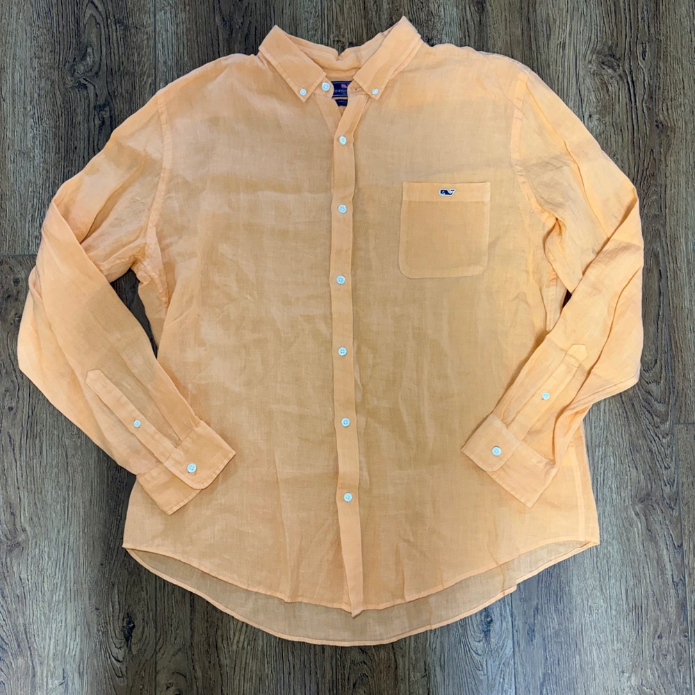 Vineyard Vines Linen Shirt Mens XL Orange Long Sleeve Button Down Coastal Resort
